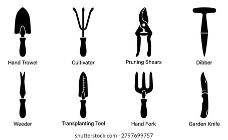Set of black garden tool silhouettes, hand trowel, cultivator, pruning shears, dibber, weeder, transplanting tool, hand fork.