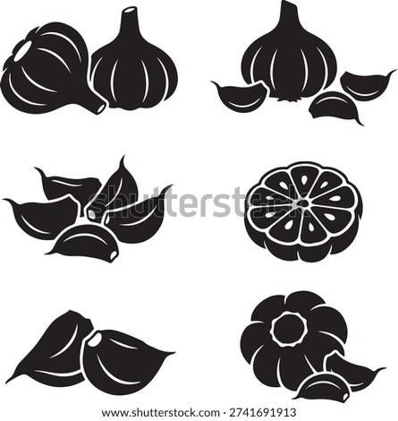Set of black garlic silhouettes including whole bulbs, peeled cloves and sliced garlic top view. Minimal food vector collection isolated on white background. Perfect for restaurant branding, organic product packaging, cooking designs, spice labels, kitchen graphics, farm market projects and healthy food concepts. Clean editable vector style suitable for print and digital use.