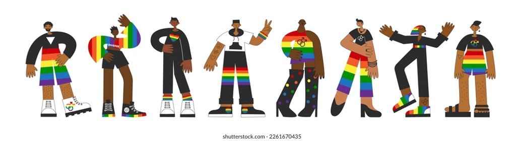 Set of black gay people. African american lgbt men with rainbow flag colors and pride symbols. Inclusion, diversity, equality, awareness concept. Vector flat illustration set.