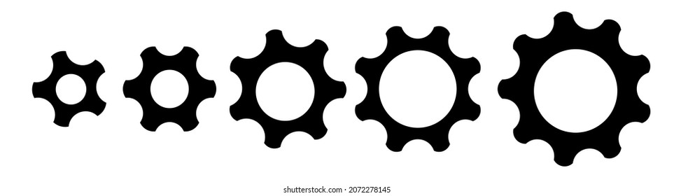 Set of black gears (cogs) flat icon for apps and websites isolated on white background.