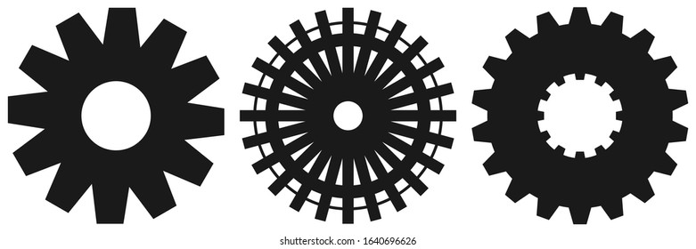 Set of black gears on a white background. Round parts with teeth for working together in mechanisms. Elements for design on the theme of mechanics, industrialization.