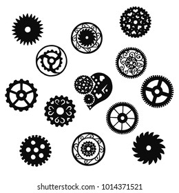 Set of black gears in the Victorian style on a white background, hand drawn. Vector illustration