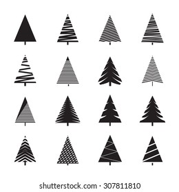 Set Of Black Geometric Christmas Trees. Vector Illustration And Greeting Card Elements.