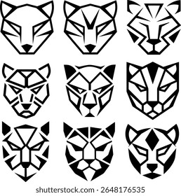 Set of black geometric panther head icons, abstract animal face logos in polygonal style