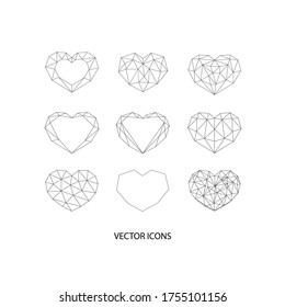 Set of black geometric polygonal hearts. Vector icons isolated