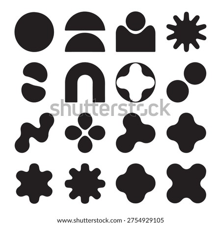 A set of black geometric shapes in different forms and patterns isolated on white background, including circles, arcs, and abstract designs