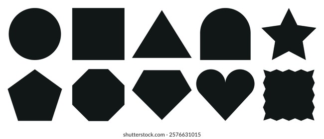 Set of black geometric shapes including circle, square, triangle, star, heart, and more. Simple shapes, basic shapes, geometric shapes for design. Memo element vector set.