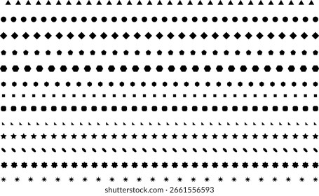Set of black geometric shapes in rows on white background. Includes triangles, circles, stars, squares, and more. Minimal and abstract design elements
