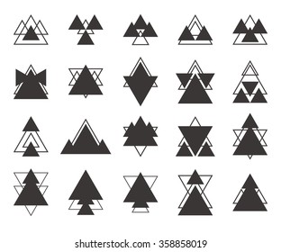Set of black geometric shapes triangles, lines for your design. Trendy hipster logotypes. Vector illustration