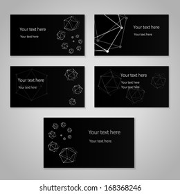 Set of black geometric vector business cards with abstract background and white text. Tracing. Clean and minimalistic style.