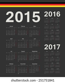 Set of black German 2015, 2016, 2017 year vector calendars. Week starts from Mondays.