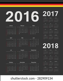 Set of black German 2016, 2017, 2018 year vector calendars. Week starts from Sunday.