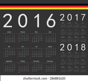 Set of black German 2016, 2017, 2018 year vector calendars. Week starts from Sunday.