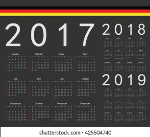 Set of black German 2017, 2018, 2019 year vector calendars. Week starts from Sunday.