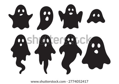 A set of black ghost silhouettes with varying shapes and sizes, isolated on a white background.