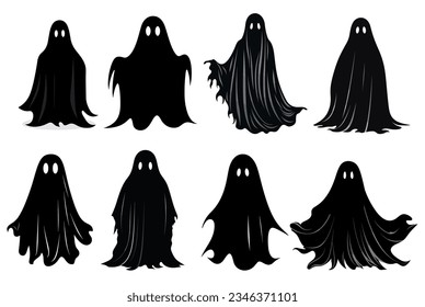 Set of black ghosts isolated on white background. Silhouette of Halloween vector illustration.