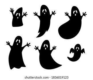 Satz von schwarzen Geistersilhouetten einzeln auf weißem Hintergrund. Ghost-Kollektion für Halloween-Zeichendesign. Halloween-Monster. Cute Cartoon spoky Charakter. Vektorflache Illustration.