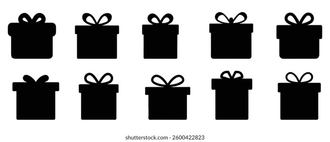 A set of black gift box icon. Silhouette gift box vector illustration on white background