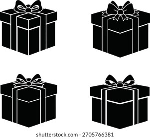 Conjunto de siluetas de caja de regalo negro con arcos en blanco