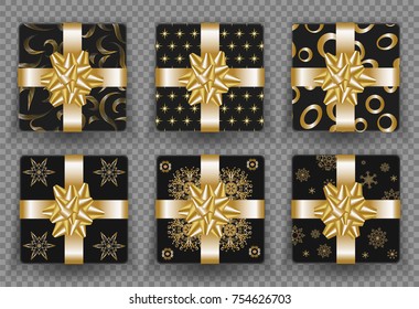 Set of black gift box top view with golden yellow bow and ribbons on transparent background. Design for greeting card, Christmas celebration, New Year holiday, gift box birthday decoration.