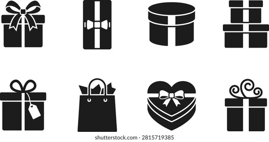 Set of black gift box vector icons featuring present wrapping bow ribbon tag round box heart gift box and shopping bag