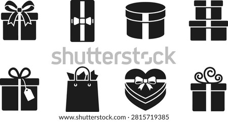 Set of black gift box vector icons featuring present wrapping bow ribbon tag round box heart gift box and shopping bag
