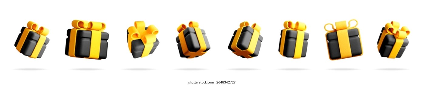 Set of black gift box with yellow ribbon flying in different angles. Present for holiday. Surprise event celebration. 3d stock vector illustration isolated on white background.