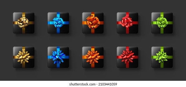 Set of black gift boxes with beautiful colored foil bows. Top view. Vector holiday illustration.