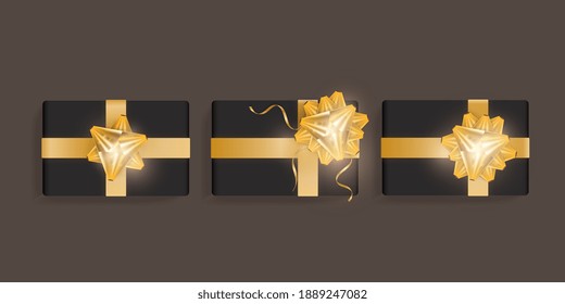 Set of black gift boxes with gold ribbon bow. Beautiful realistic gift box template for birthday, christmas, new year design. Top view vector illustration