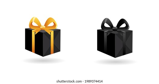 Conjunto de cajas negras de regalo con cinta dorada y negra aisladas sobre fondo blanco. Para navidad, cumpleaños, San Valentín, halloween, viernes negro. Ilustración vectorial.