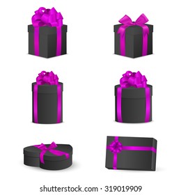 Set of black gift boxes with pink bows and ribbons. Vector EPS10 illustration.