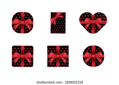 Set of black gift boxes with red bows and ribbons collection