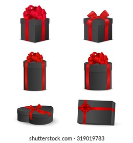 Set Of Black Gift Boxes With Red Bows And Ribbons. Vector EPS10 Illustration.