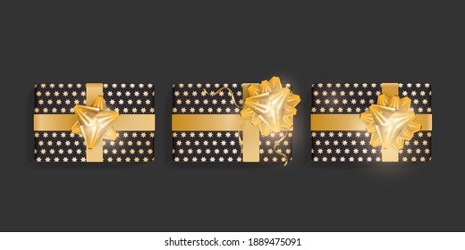 Set of black gift boxes with stars, gold ribbon bows. Beautiful realistic gift box template for birthday, christmas, new year design. Top view vector illustration