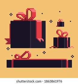 Set of black gift boxes. Vector pixel art style illustration