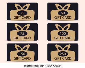 Juego de tarjetas de regalo negras con caja de regalo de oro. Plantilla de diseño para tarjetas de regalo y descuento, productos de marketing. Cartas en denominaciones: 25, 50, 75, 100, 150, 250. Ilustración del vector