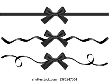 Set of black gift ribbon and bow on white background.