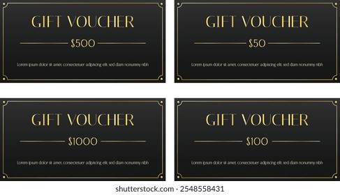 Set of black gift voucher templates with gold elements. Vector illustration.