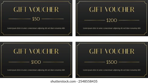 Set von schwarzen Geschenkgutscheinvorlagen mit goldenen Elementen. Vektorgrafik.
