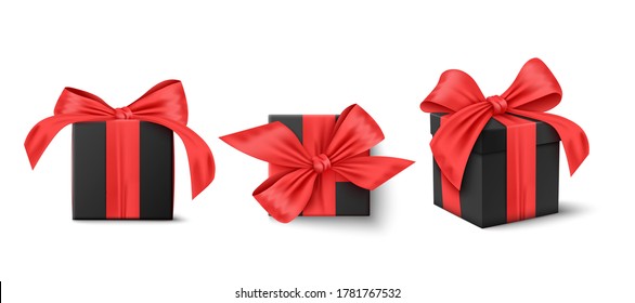 Set of Black Gifts box. Collection realistic gift presents. High quality Vector illustration