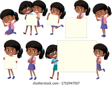 Set of black girl and blank banner illustration