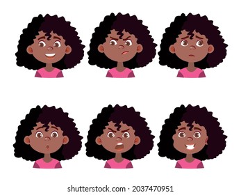 Set Of Black Girl Emotions. Afro American Teen Facial Expression. Cartoon Girl Avatar. Vector Illustration Of Cartoon Girl Character