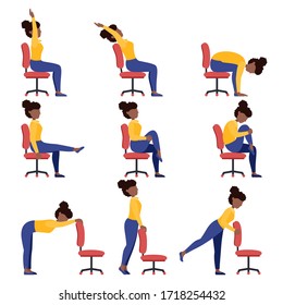 Un grupo de chicas negras haciendo yoga para sillas de oficina. Conjunto de mujeres entrenadas para la espalda, cuello, brazos, piernas sanas. Ejercicios deportivos para el bienestar de los trabajadores.  Ilustración vectorial aislada en fondo blanco.