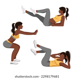 Set of black girls exercising
sports. Vector illustration isolated on white background. The concept of a healthy lifestyle, sports at home. Image for sports design, stickers, web design elementsю