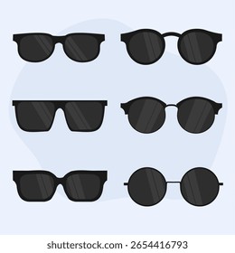 Set of black glasses with various frame shapes. Collection of stylish black eyewear icons, for a mysterious and cool look. Vector illustration in flat art style.
