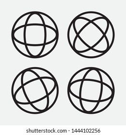 Set of black globe with different angle degree icon on gray background, line art. Vector Illustration