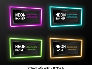 Set of black glossy banners with pink, blue, green and yellow neon lights vector illustration
