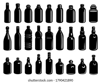 Set of black glossy different detailed bottles.Simple style. Water volume glass.
