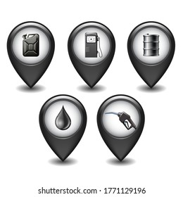 Conjunto de punteros de mapas de estilo negro brillante con iconos de la industria petrolera. Barril de petróleo negro, caída de petróleo, bomba de combustible, jamaiquino. Concepto de negocio y servicio de la gasolinera, el petróleo, el relleno o el letrero de la gasolinera