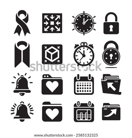 Set of Black Glyph Icons, Business and Technology Icons, Alarm, Lock, Calendar, Folder, Clock, Security, Notification,Time Management, Data Storage, Digital Interface, App UI Design  